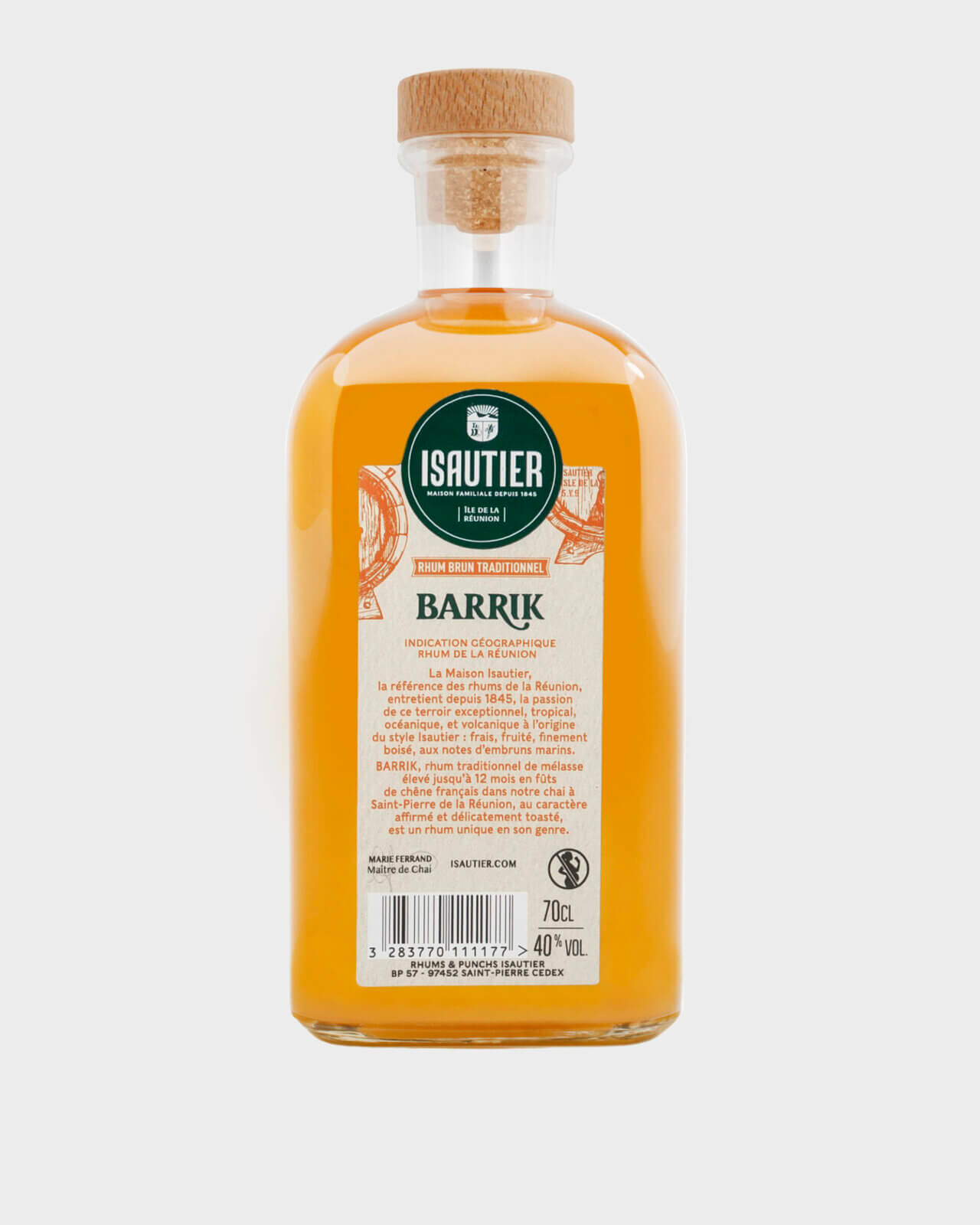 Dos de la bouteille Isautier Barrik avec étiquette d’informations et mentions légales.