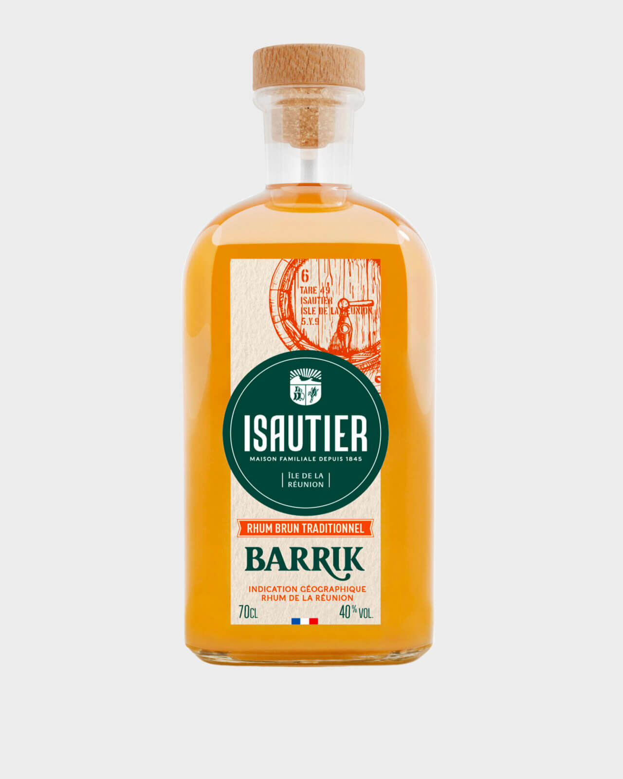 Bouteille de rhum brun Isautier Barrik vue de face sur fond neutre.
