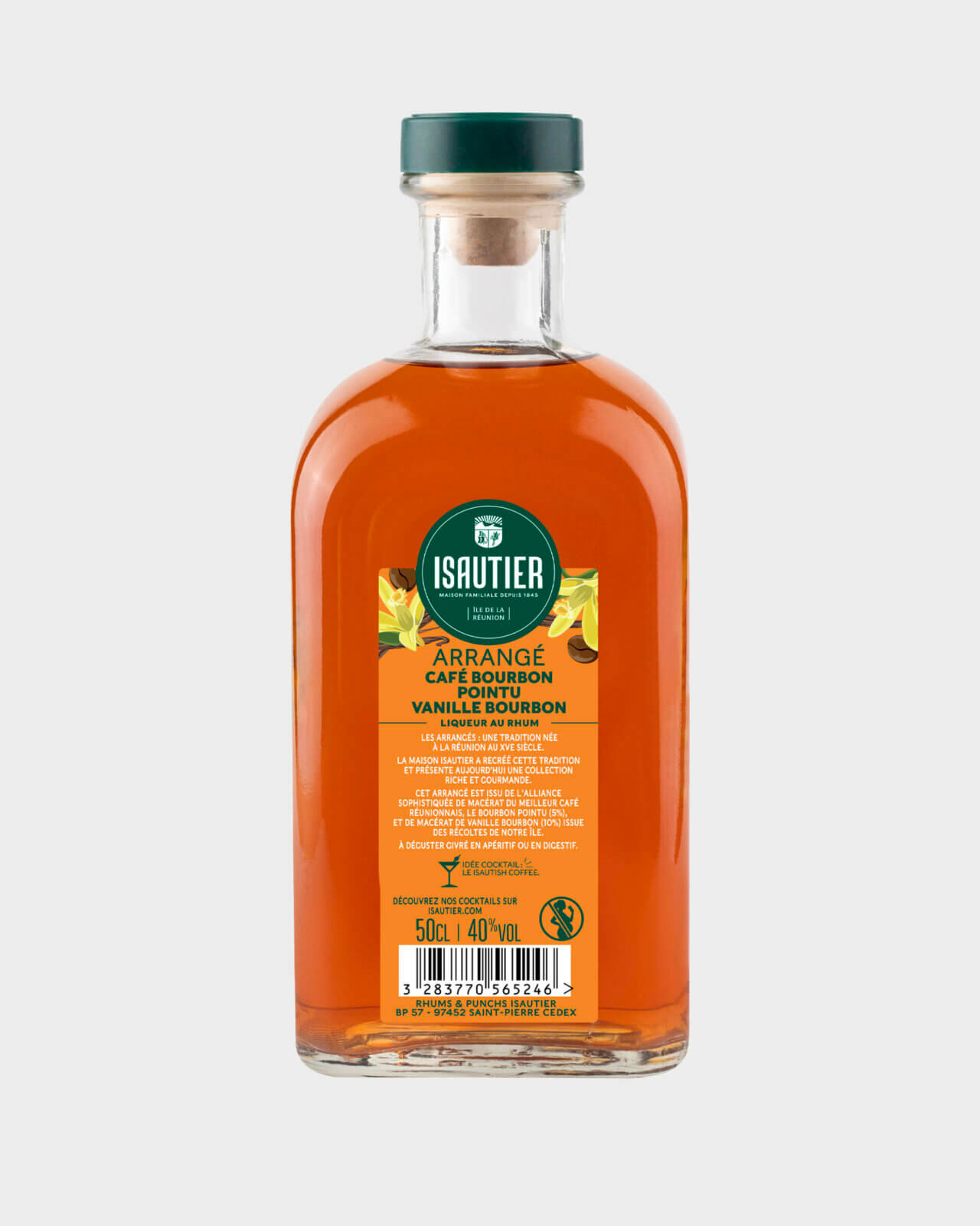 Bouteille de rhum arrangé Isautier « Arrangé Café Bourbon Pointu Vanille Bourbon » - Packshot dos ingrédients