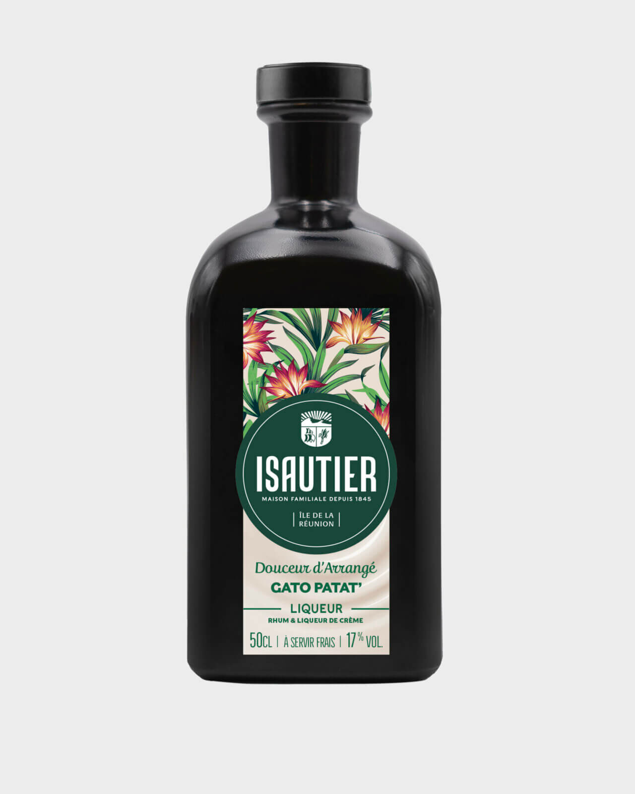 Bouteille de liqueur Isautier Douceur d’Arrangé Gâteau Patate vue de face sur fond neutre.