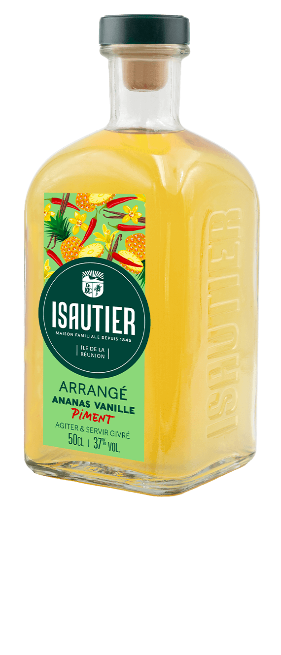 Bouteille de Rhum Arrangé Isautier Ananas Vanille Piment, création réunionnaise mêlant ananas, vanille et touche épicée, issue du savoir-faire de la Maison Isautier.