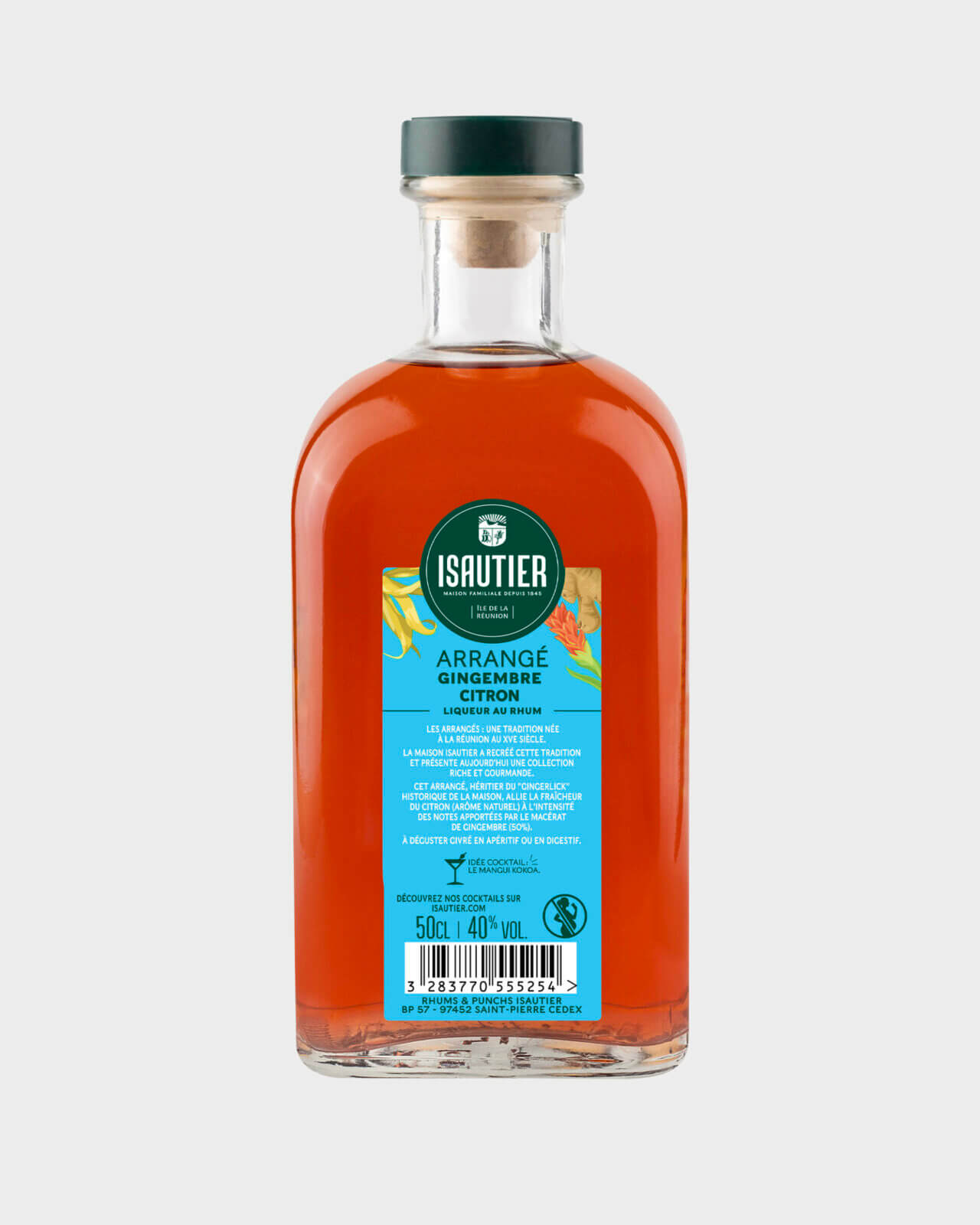 Bouteille de rhum arrangé Isautier « Arrangé Gingembre Citron » - Dos Ingrédients