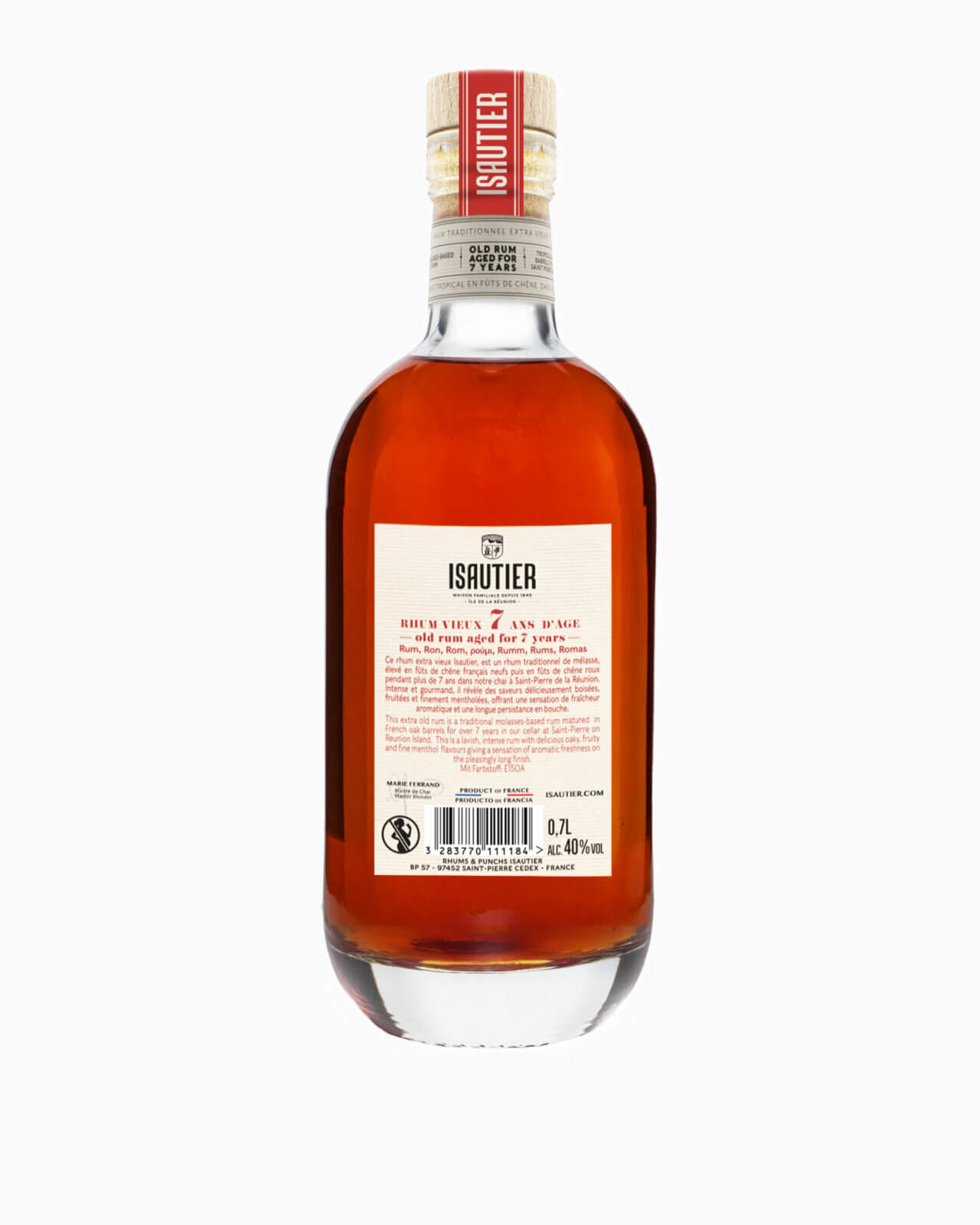 Dos de la bouteille de rhum vieux Isautier, 7 ans d'âge, avec étiquette descriptive et mentions légales.
