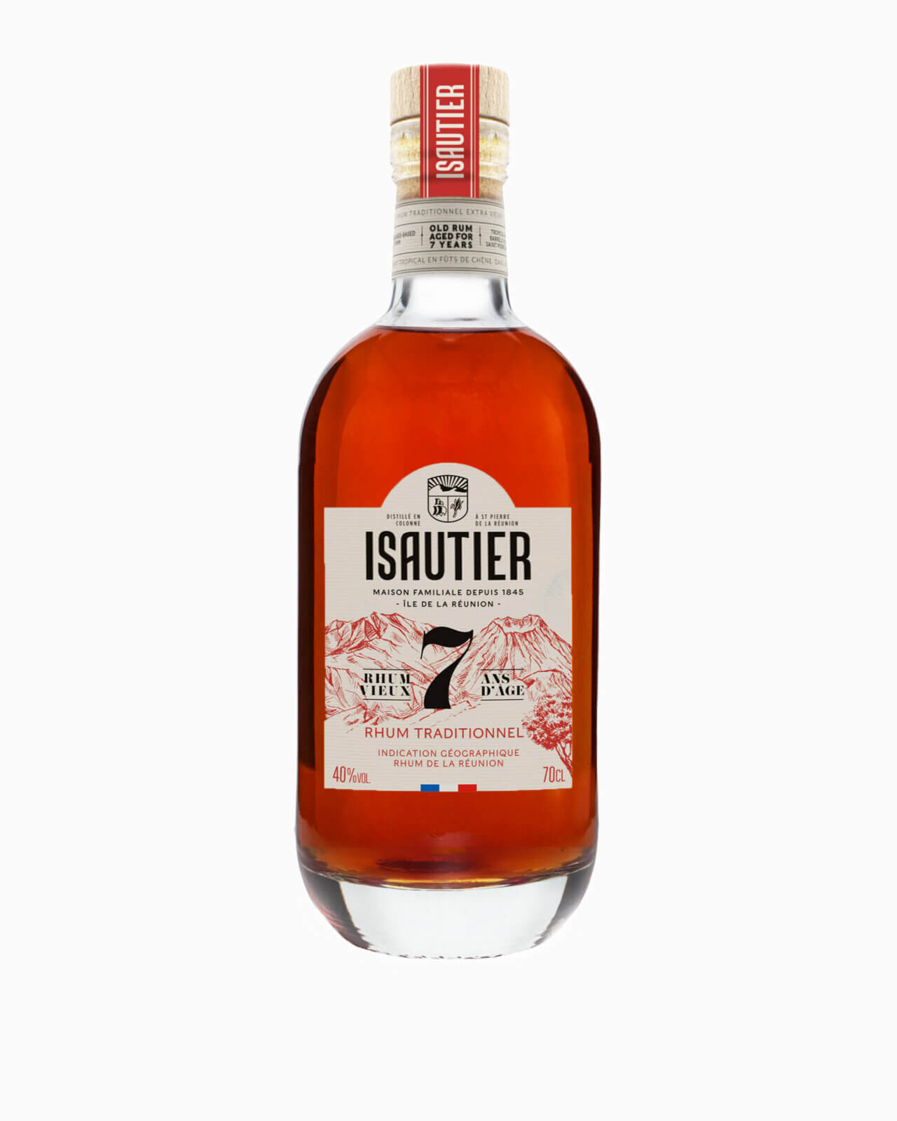 Bouteille de rhum vieux Isautier 7 ans d'âge vue de face, sur fond neutre.