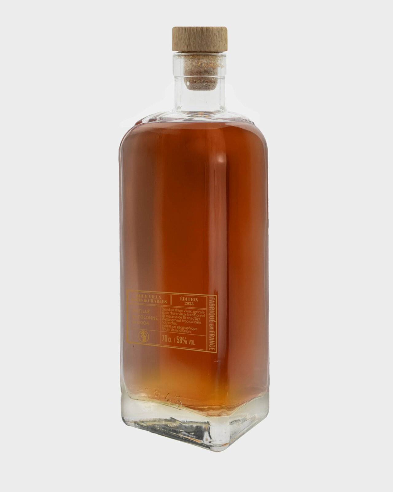 Dos de la Bouteille de rhum Vieux Louis & Charles Isautier 58% avec étiquette d’informations et mentions légales.