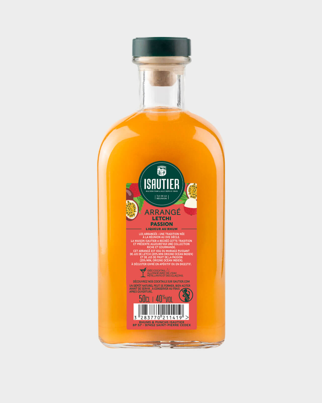 Bouteille de rhum arrangé Isautier « Arrangé Letchi Passion » - Dos ingrédients