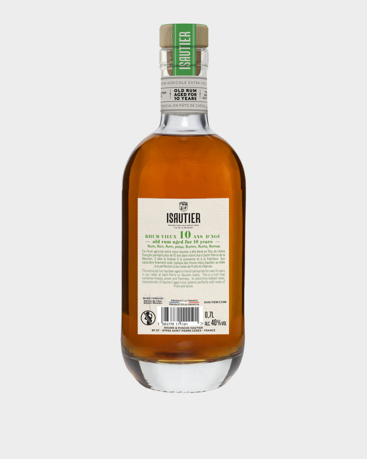Dos de la bouteille de Rhum Vieux 10 ans Agricole Isautier avec mentions réglementaires.