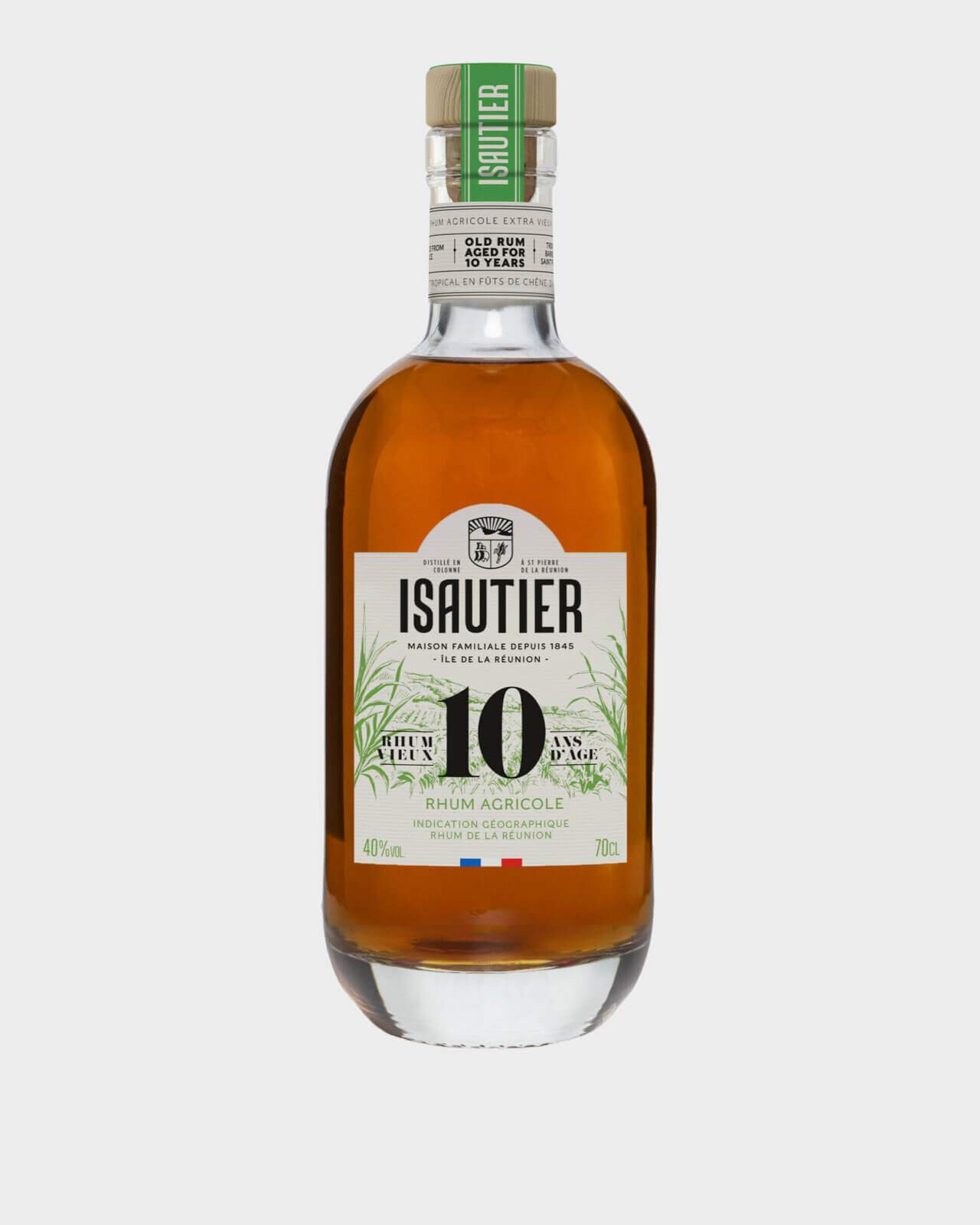 Bouteille de Rhum Vieux 10 ans Agricole Isautier vue de face sur fond neutre.