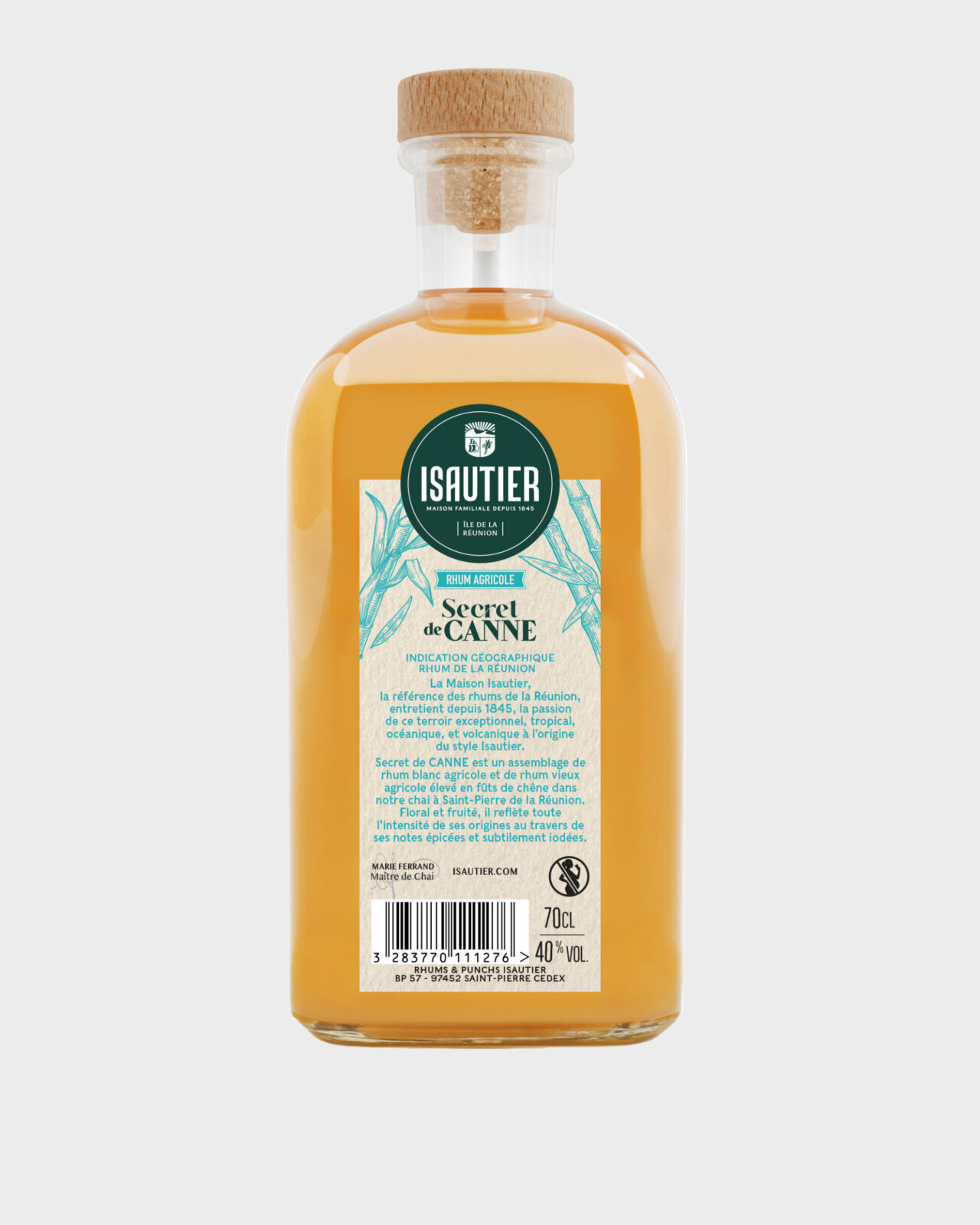 Dos de la bouteille Isautier Secret de Canne avec étiquette d’informations et mentions légales.
