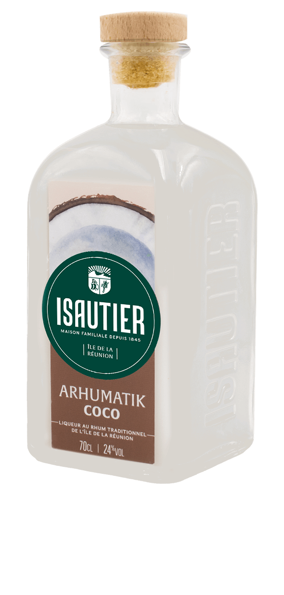 Bouteille d’Arhumatik Isautier Coco en vue 3/4 sur fond neutre.