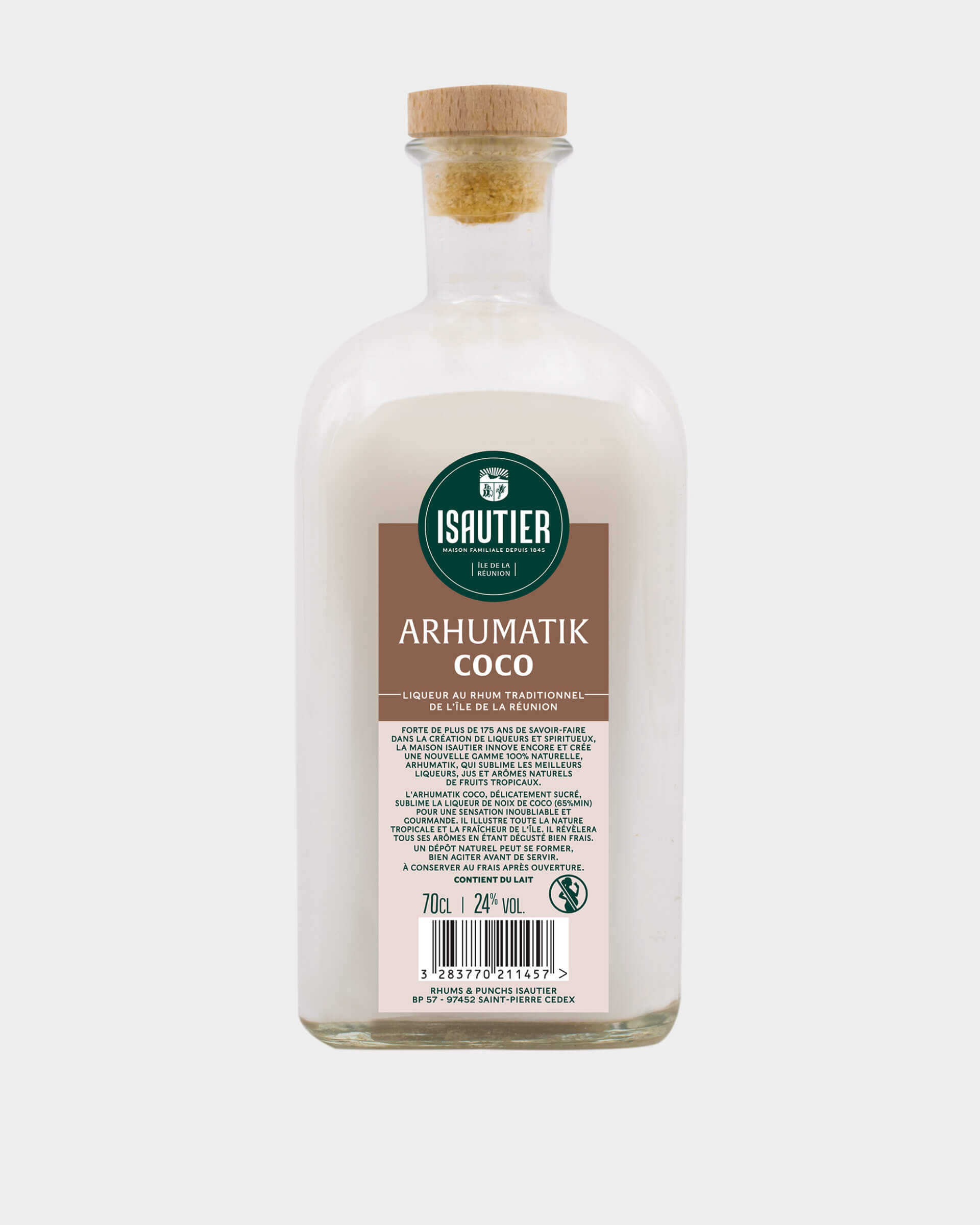 Dos de la bouteille Arhumatik Coco avec étiquette descriptive et mentions légales.