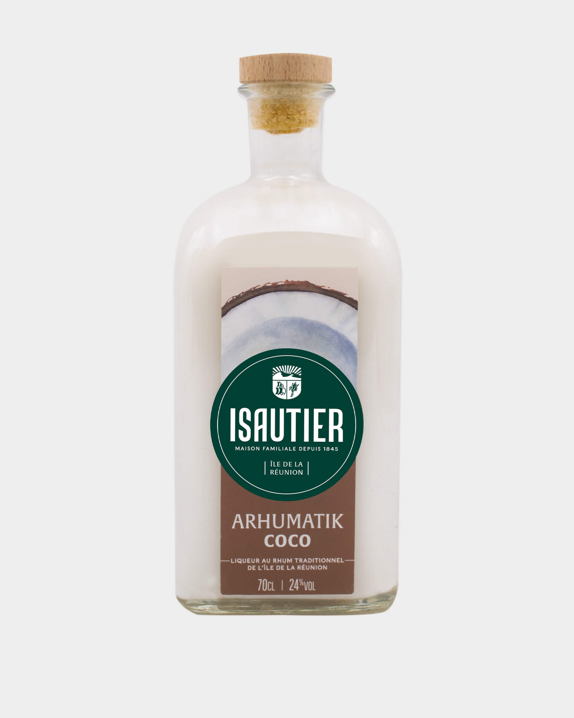 Bouteille d’Arhumatik Isautier Coco vue de face sur fond neutre.
