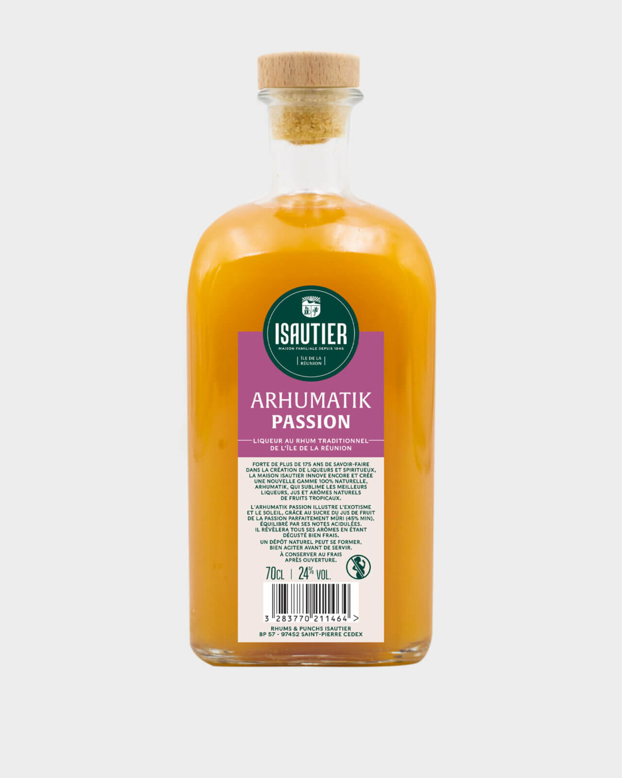 Dos de la bouteille Arhumatik Passion avec étiquette descriptive, QR code et mentions réglementaires.