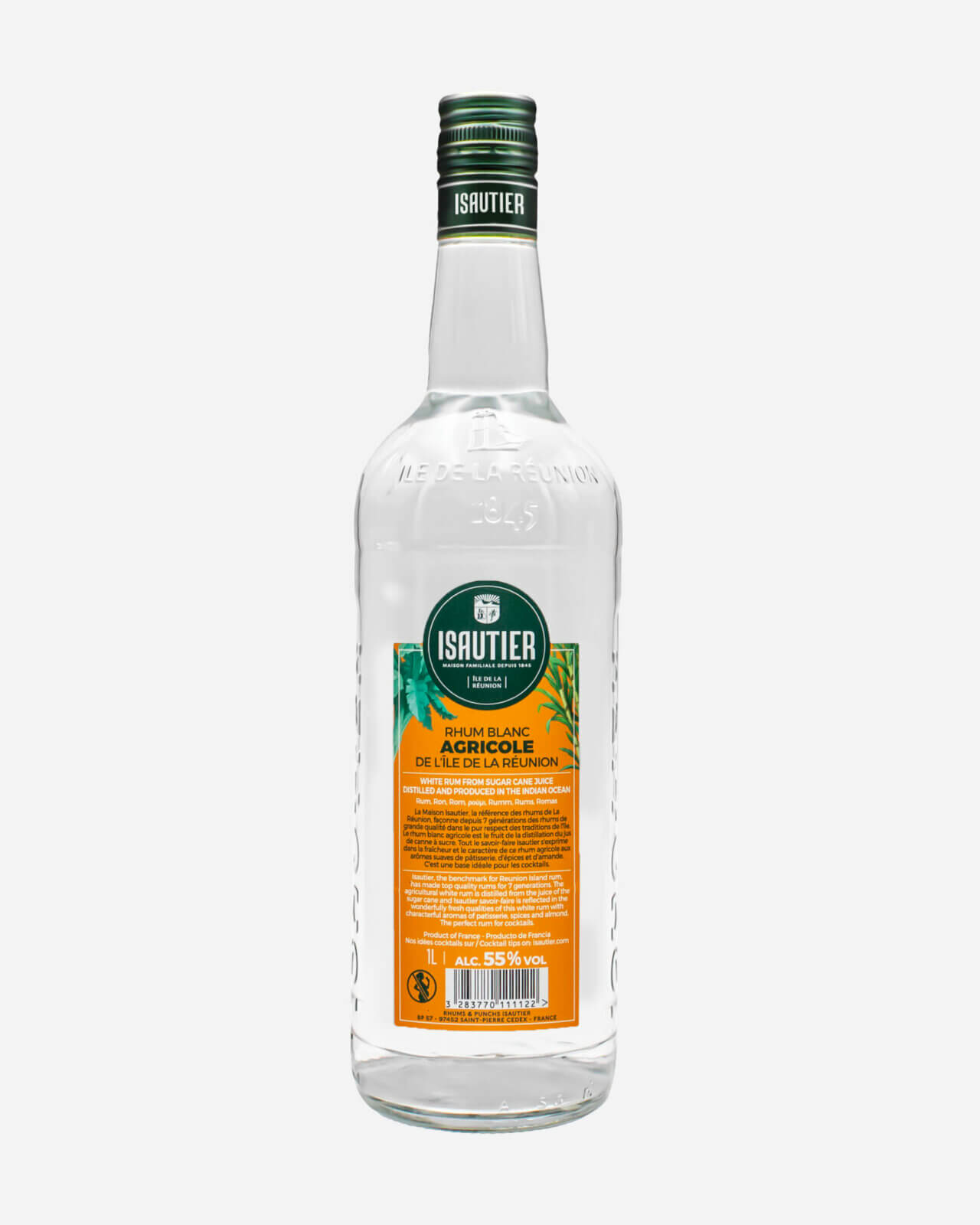 Dos de la bouteille de Rhum Blanc Agricole Isautier 55% avec étiquette descriptive et mentions légales.