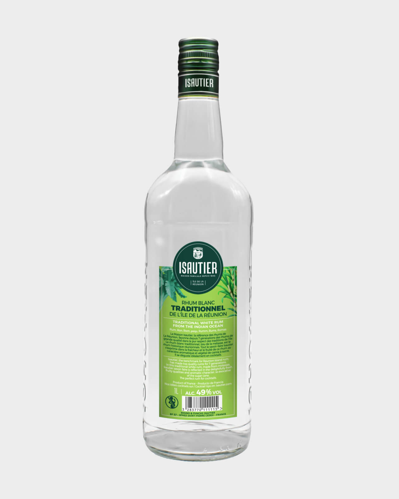 Dos de la bouteille de Rhum Blanc Traditionnel Isautier 49% avec étiquette descriptive et mentions légales.