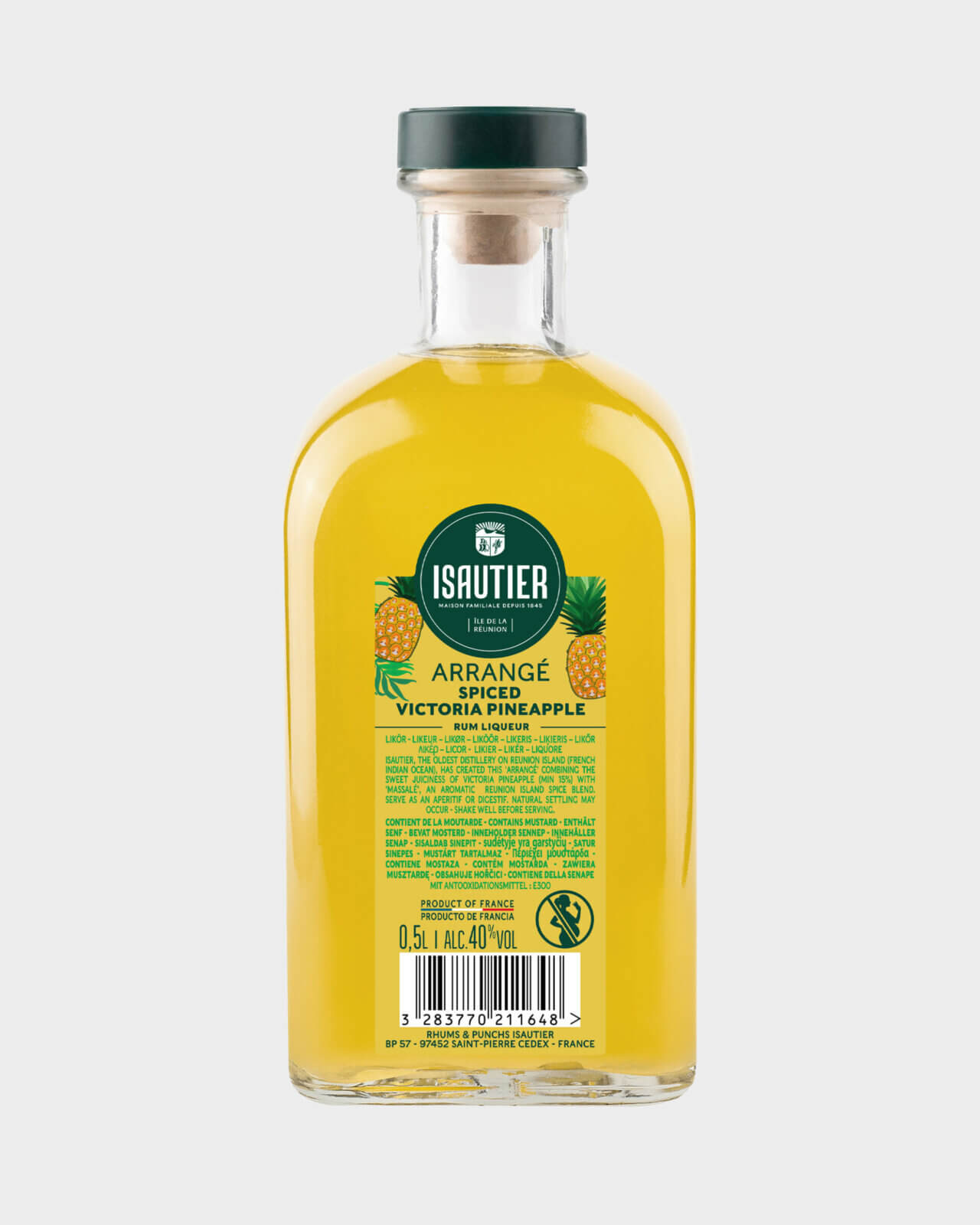 Back view of Isautier Arrangé Spiced Victoria Pineapple rum liqueur bottle showing product information