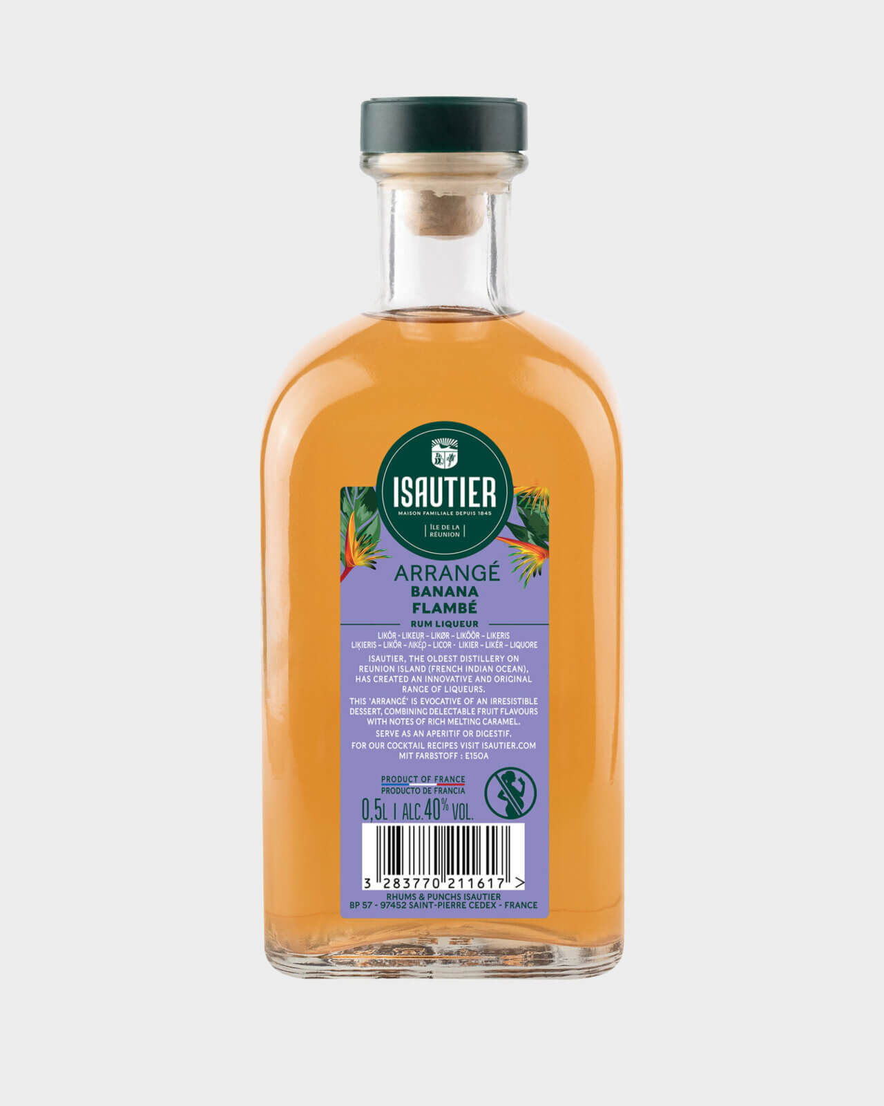 Back view of Isautier banana flambée arranged rum liqueur bottle