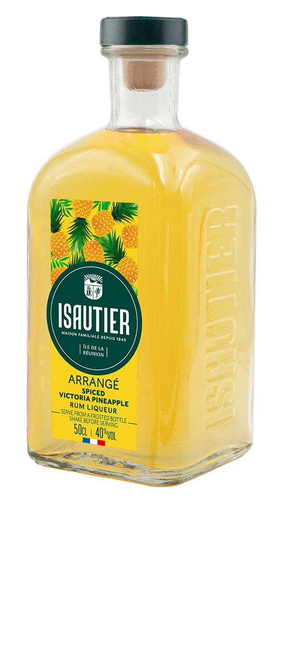 Isautier Arrangé Spiced Victoria Pineapple rum liqueur bottle with embossed glass