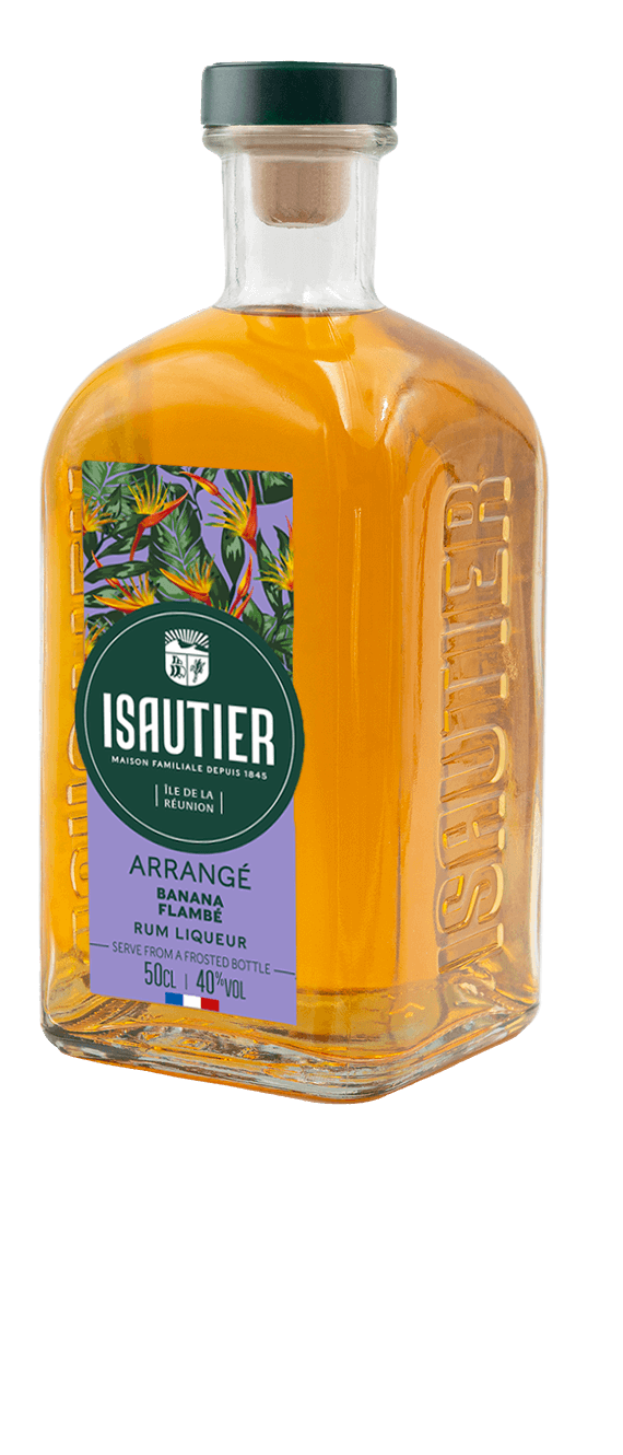 Isautier banana flambée arranged rum label and bottle texture