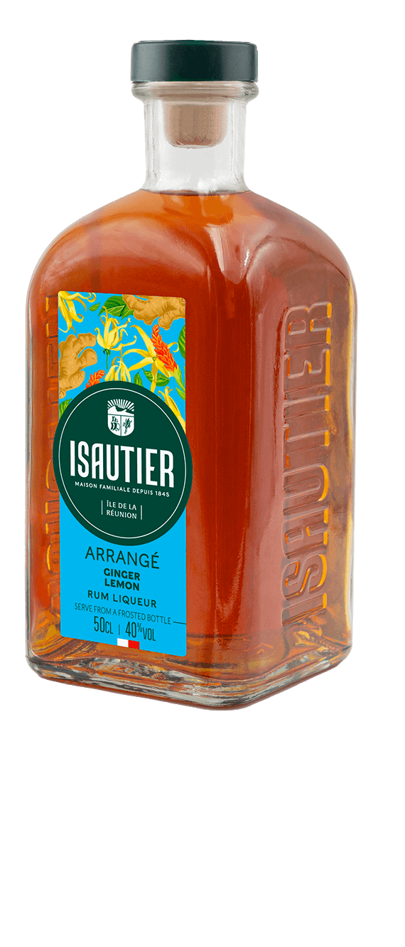 Close-up of Isautier ginger lemon arranged rum label and bottle texture