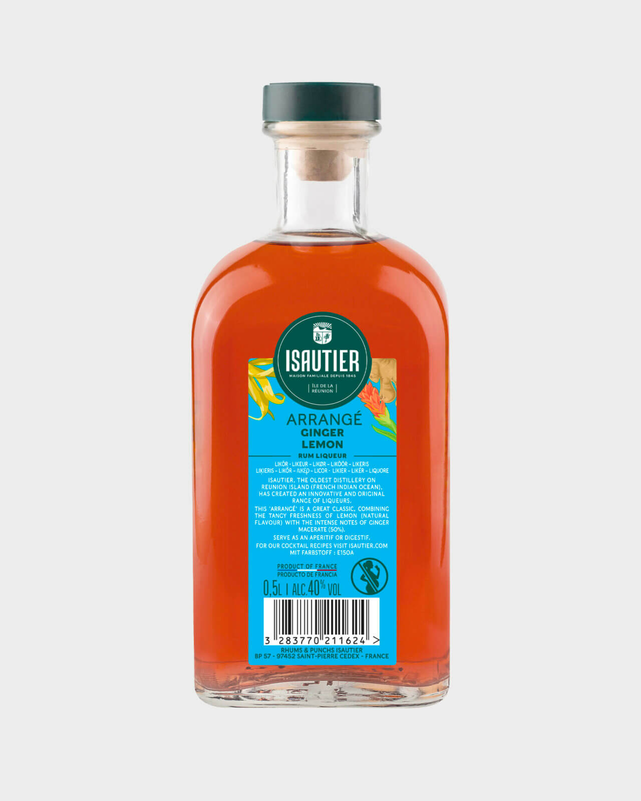 Back view of Isautier ginger lemon arranged rum liqueur bottle