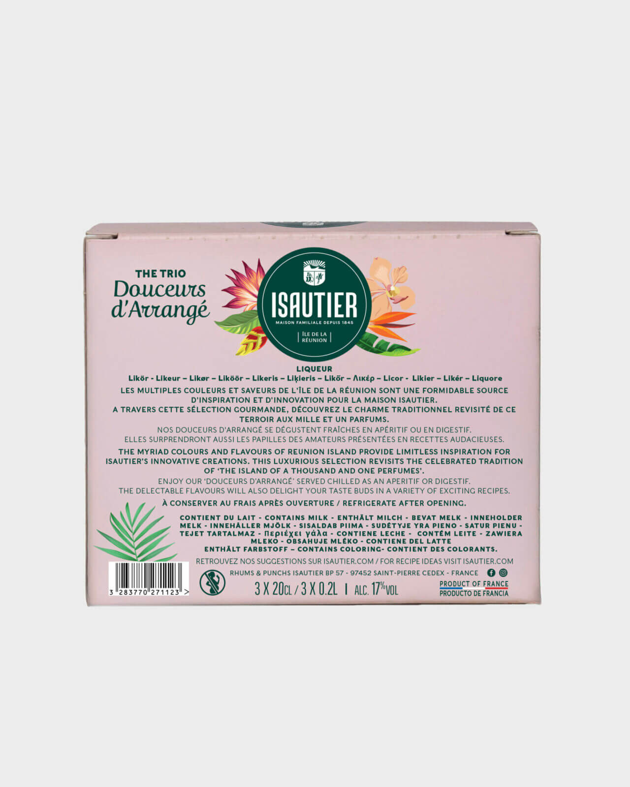 Dos du coffret Trio Douceurs d’Arrangé Isautier avec liste des ingrédients et mentions légales.