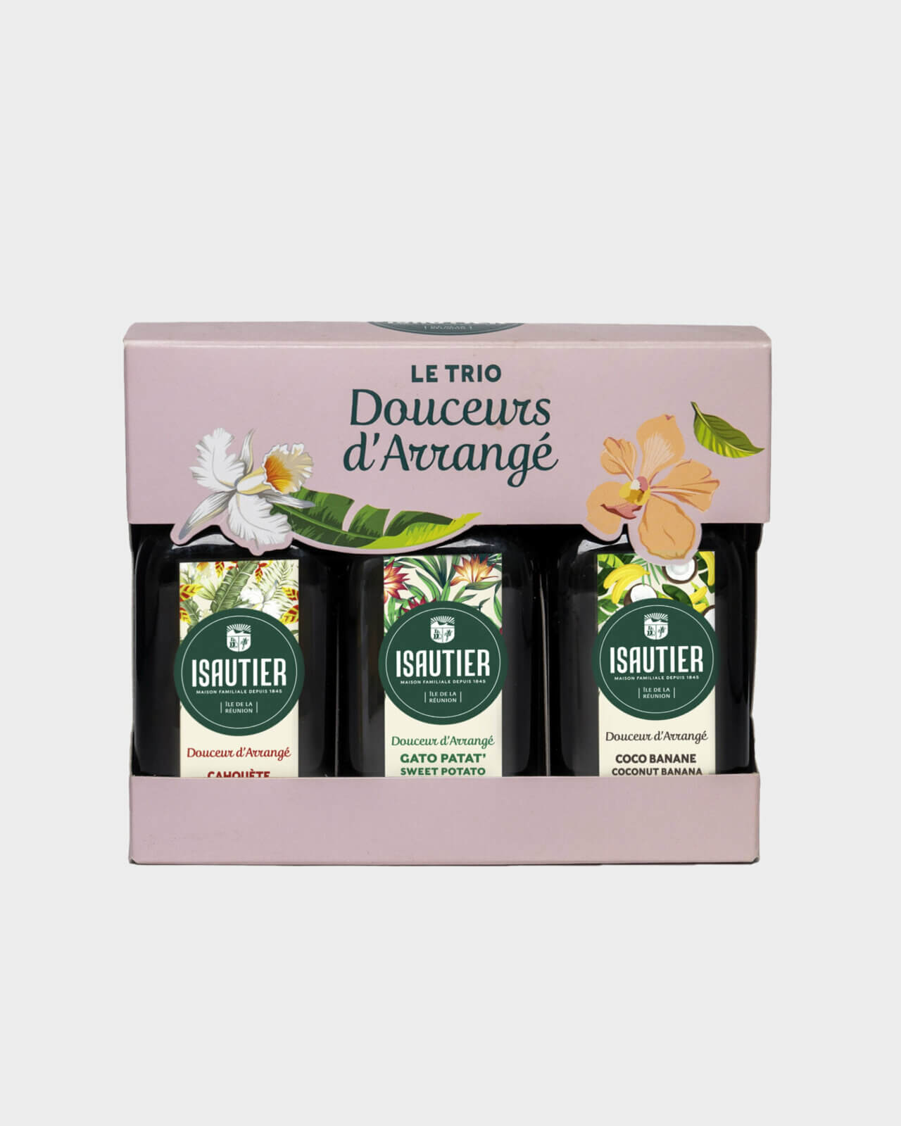 Coffret Trio Douceurs d’Arrangé Isautier vue de face sur fond neutre.