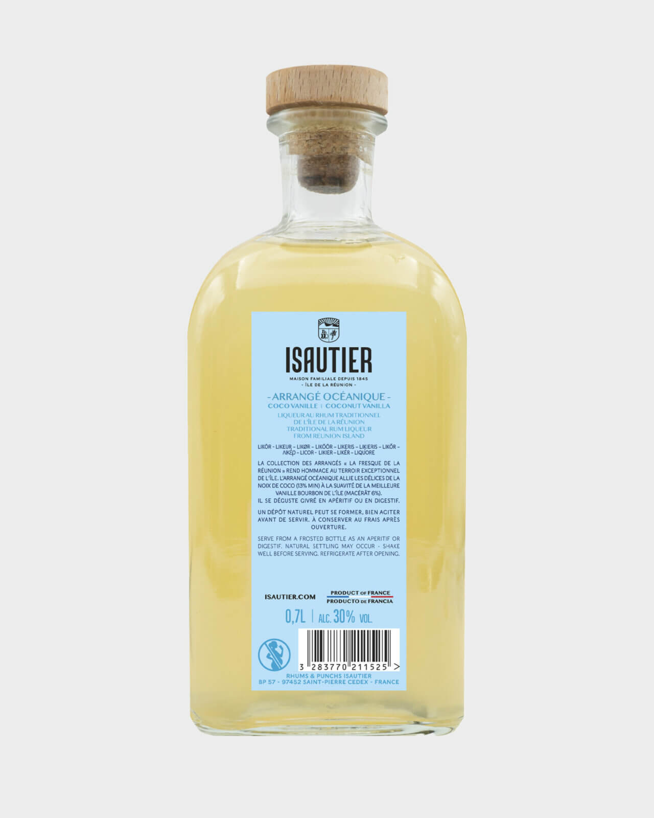 Dos de la bouteille Arrangé Océanique Isautier présentant les informations réglementaires.