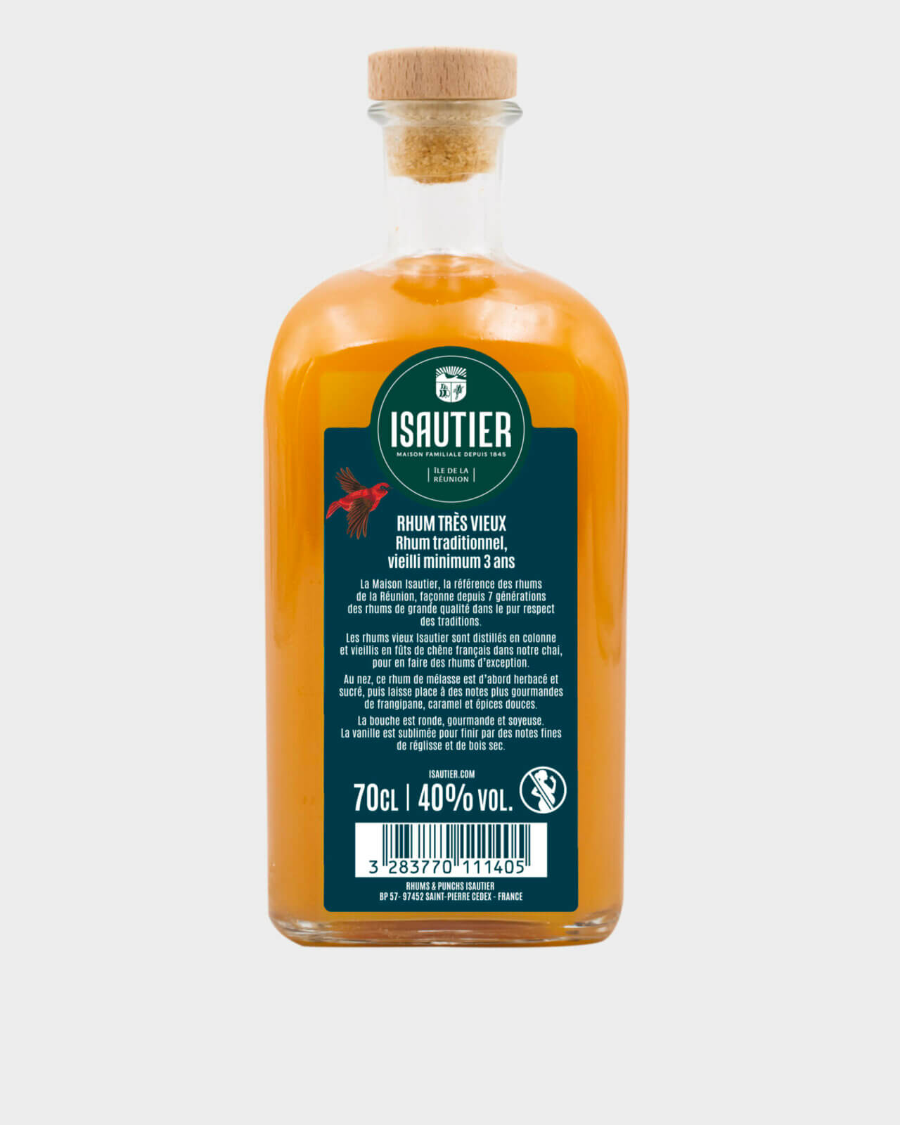 Dos de la bouteille de Rhum Très Vieux Isautier avec étiquette descriptive et mentions réglementaires.