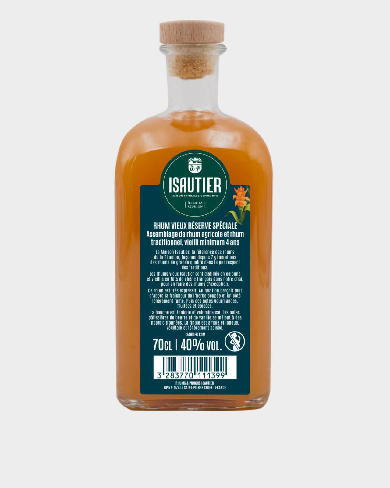 Dos de la bouteille Isautier Rhum Vieux Réserve Spéciale VSOP avec étiquette descriptive et mentions légales.