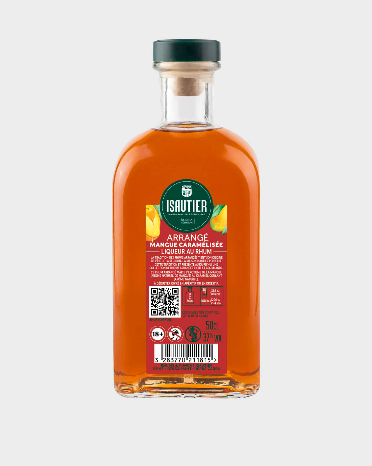 Bouteille de rhum arrangé Isautier « Arrangé Mangue caramélisée » Dos avec ingrédients