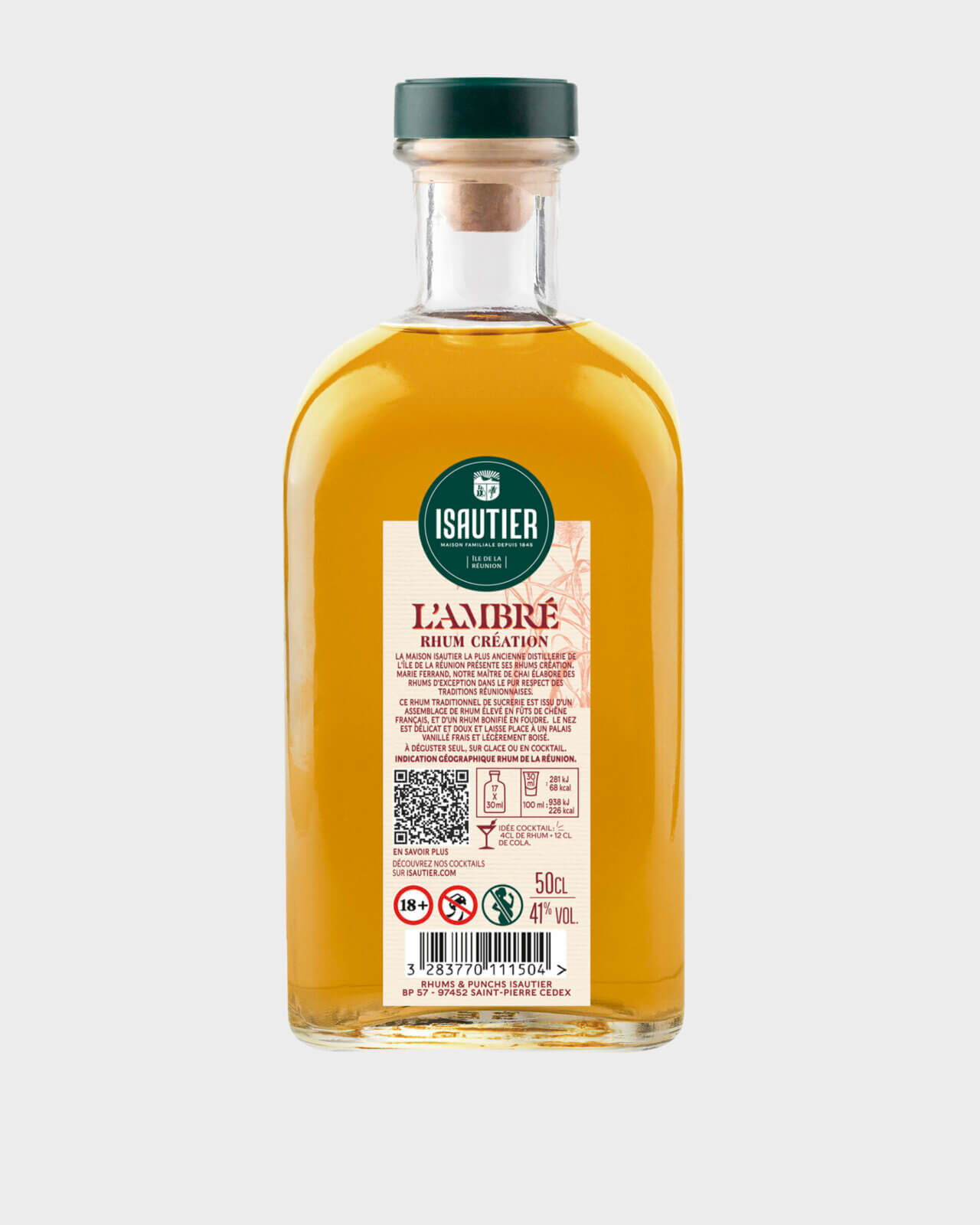 Dos de la bouteille de rhum Isautier L’Ambré avec étiquette d’informations et mentions légales.
