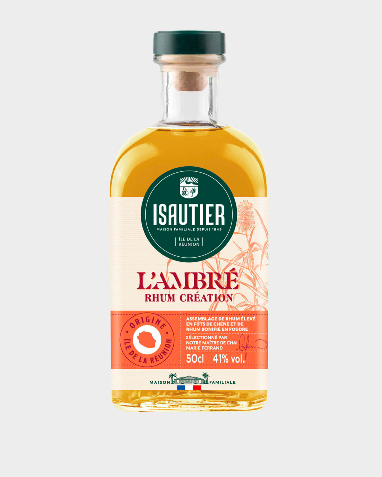 Bouteille de rhum Isautier L’Ambré Rhum Création 41% vue de face sur fond neutre.