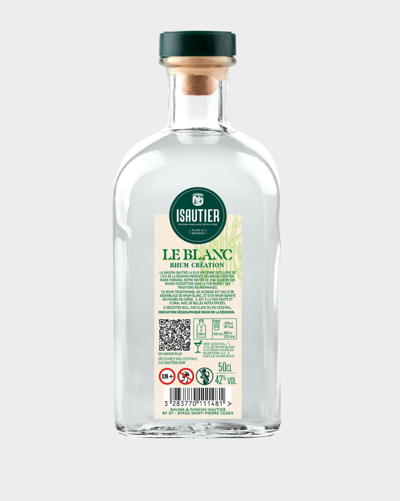 Dos de la bouteille du rhum blanc Isautier Le Blanc 42% avec étiquette descriptive, QR code et mentions légales.