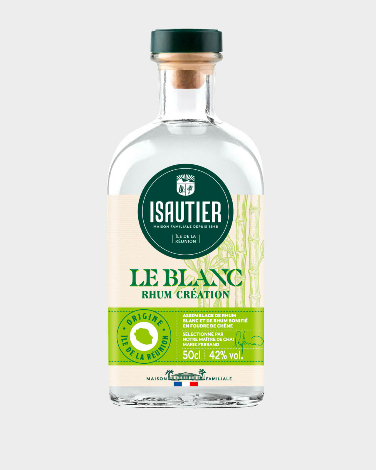 Bouteille de rhum blanc Isautier Le Blanc Rhum Création 42% vue de face sur fond neutre.