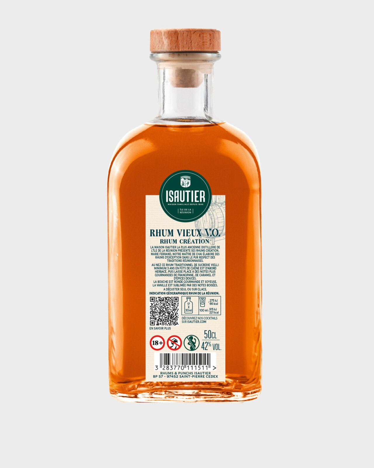 Dos de la bouteille de Rhum Vieux VO Isautier avec étiquette descriptive et mentions réglementaires.
