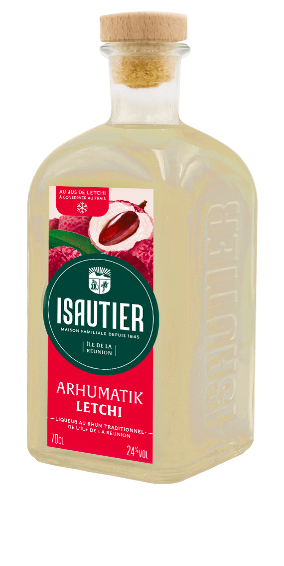 Bouteille d’Arhumatik Isautier Letchi en vue 3/4, sur fond neutre.
