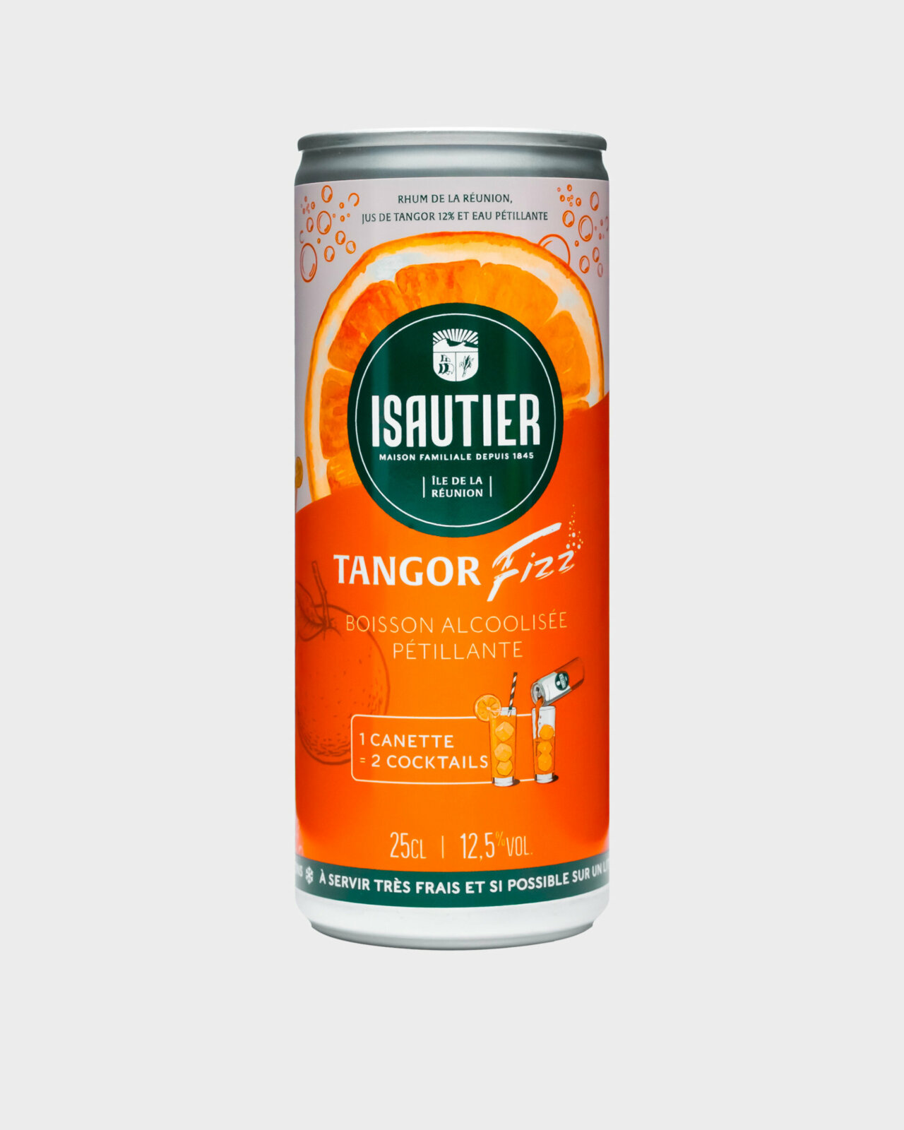 Boisson pétillante Isautier Tangor Fizz vue de face sur fond neutre.