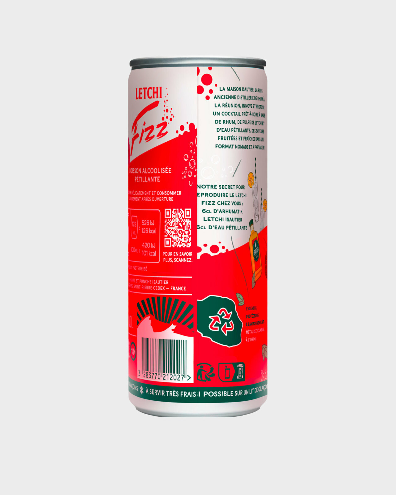 Dos de la Boisson pétillante Isautier Letchi Fizz avec étiquette d’informations et mentions légales.