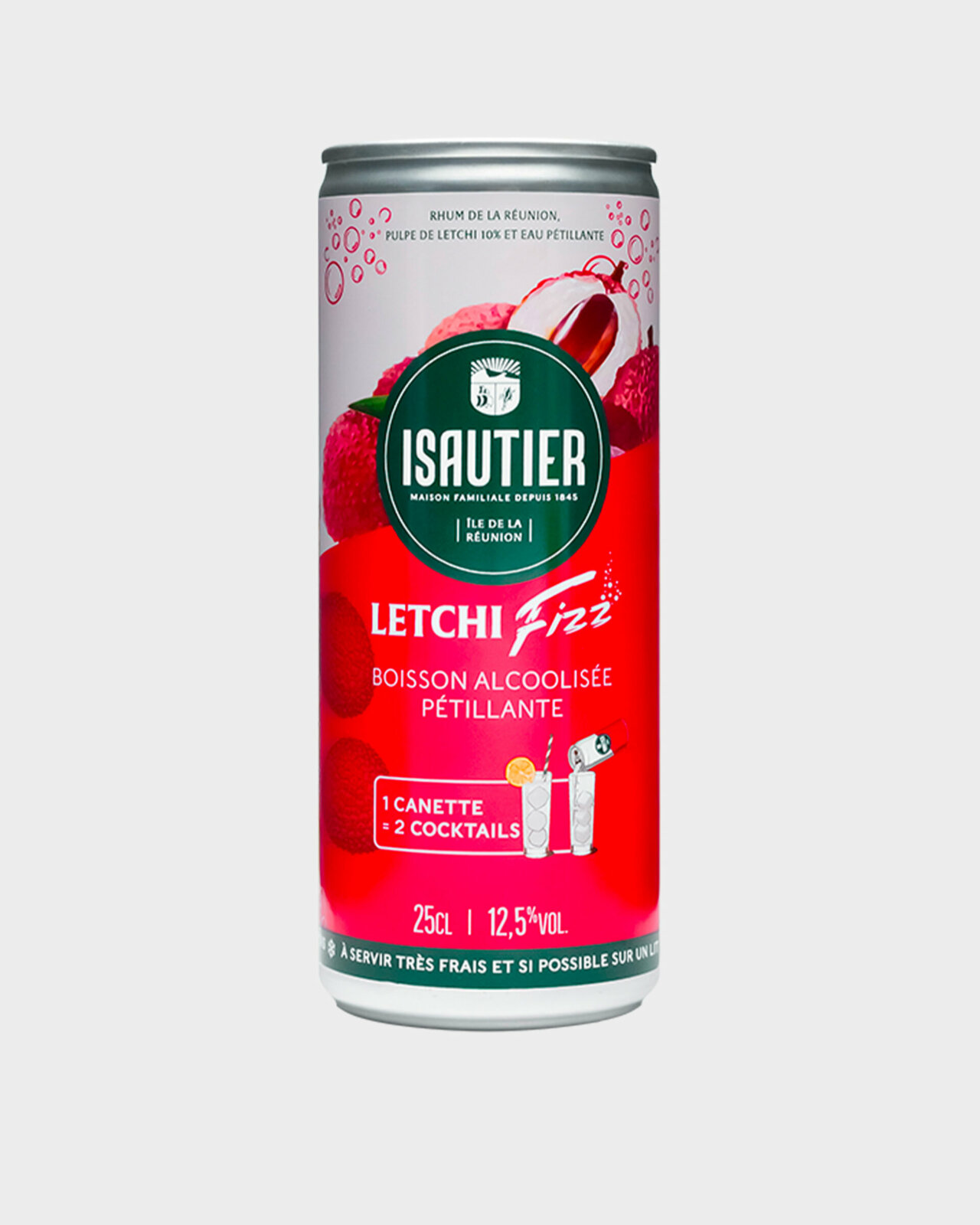 Boisson pétillante Isautier Letchi Fizz vue de face sur fond neutre.