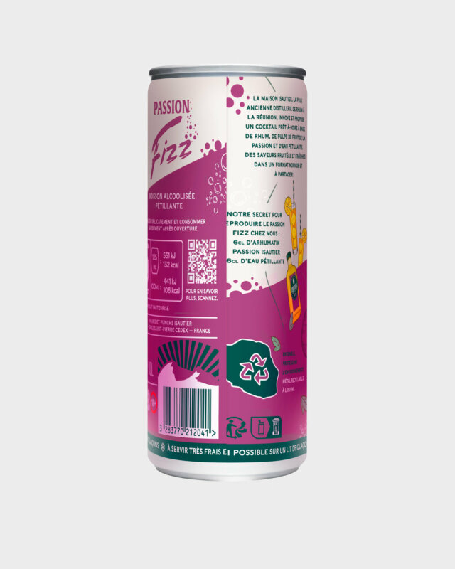 Vue arrière de la canette Passion Fizz Isautier avec informations réglementaires.