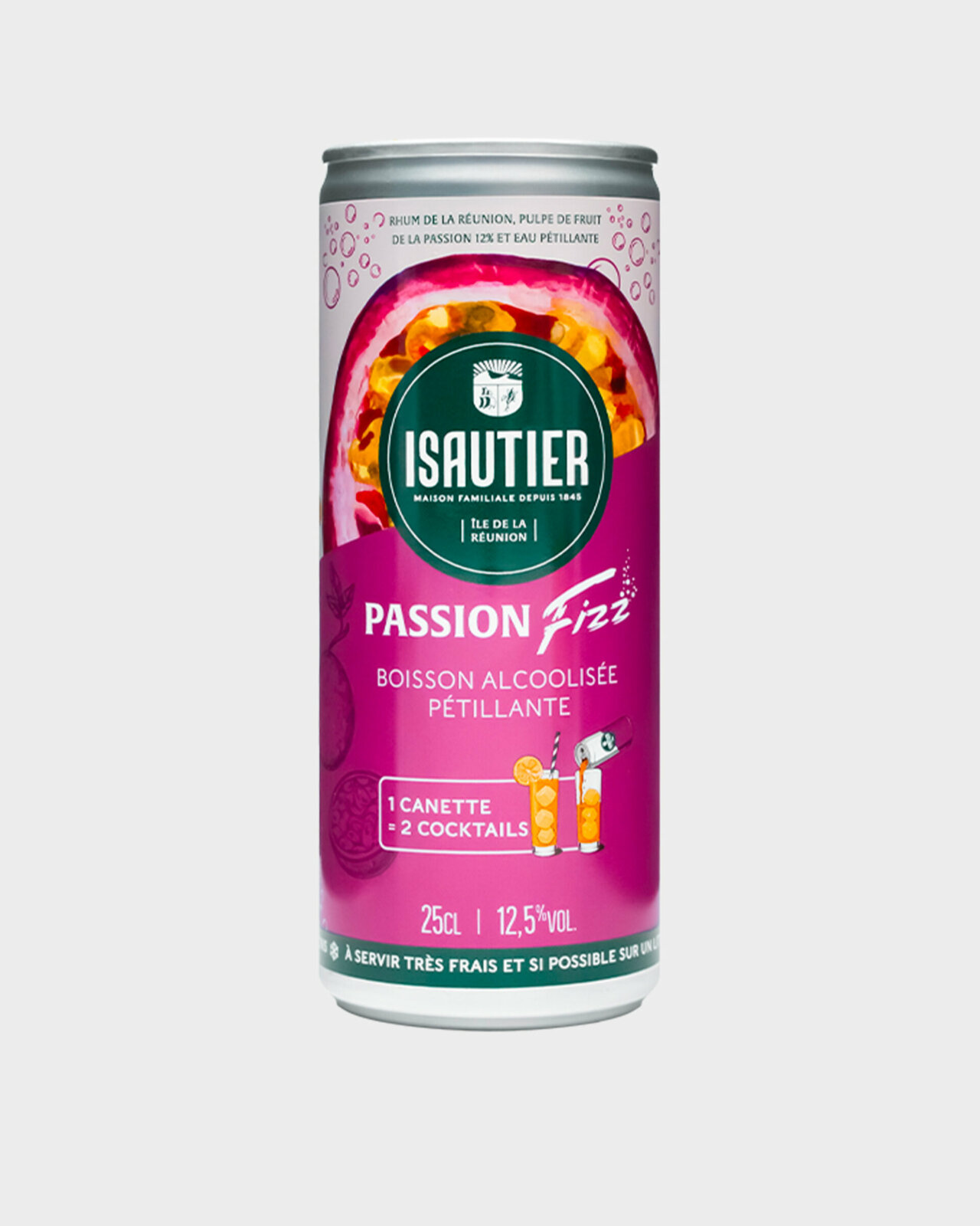 Vue de face de la canette Passion Fizz Isautier.