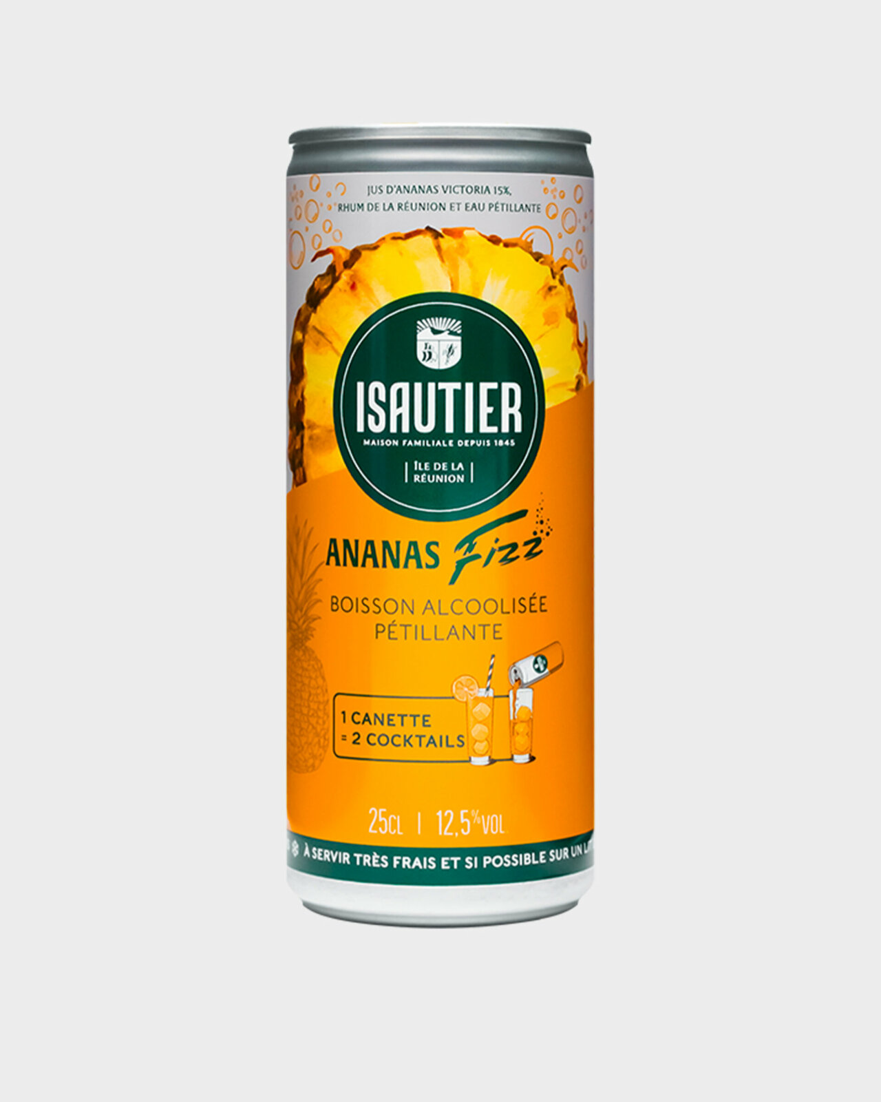 Boisson pétillante Isautier Ananas Fizz vue de face sur fond neutre.