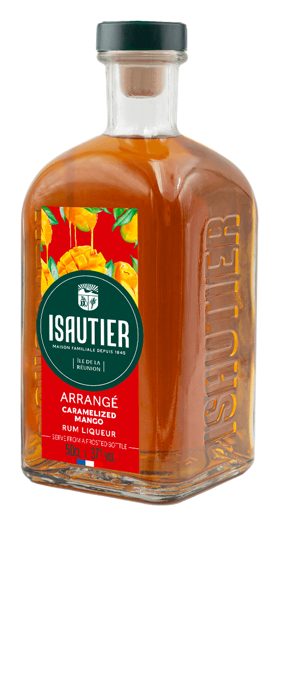 Isautier Arrangé Caramelized Banana rum liqueur bottle with embossed glass